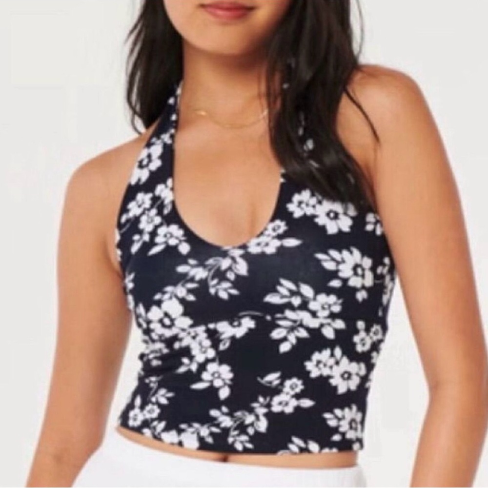 Hollister Floral Printed Halter Cut Tank Top V Neck Crop Top Dark Blue S NWT
